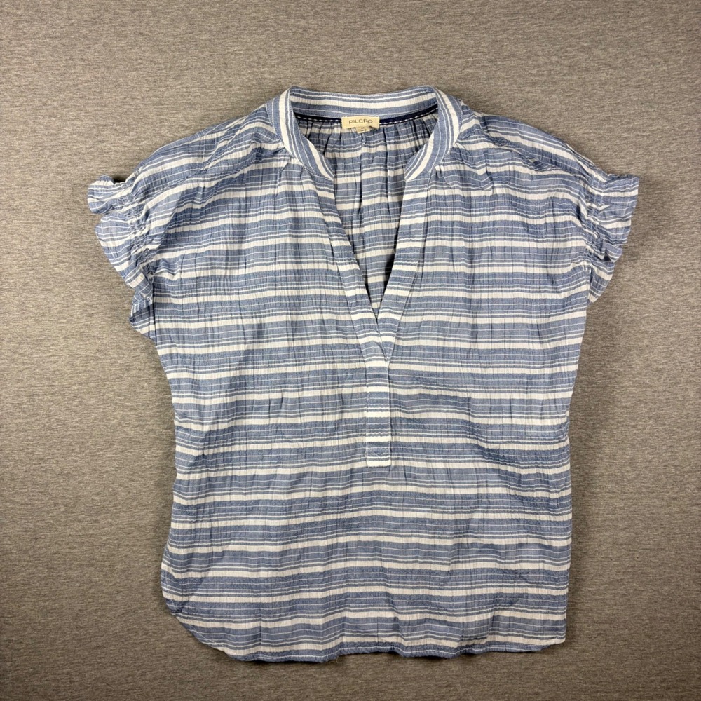 Pilcro Blouse Women XS Blue Striped V-Neck Cap Sleeve Seersucker Smocked Top